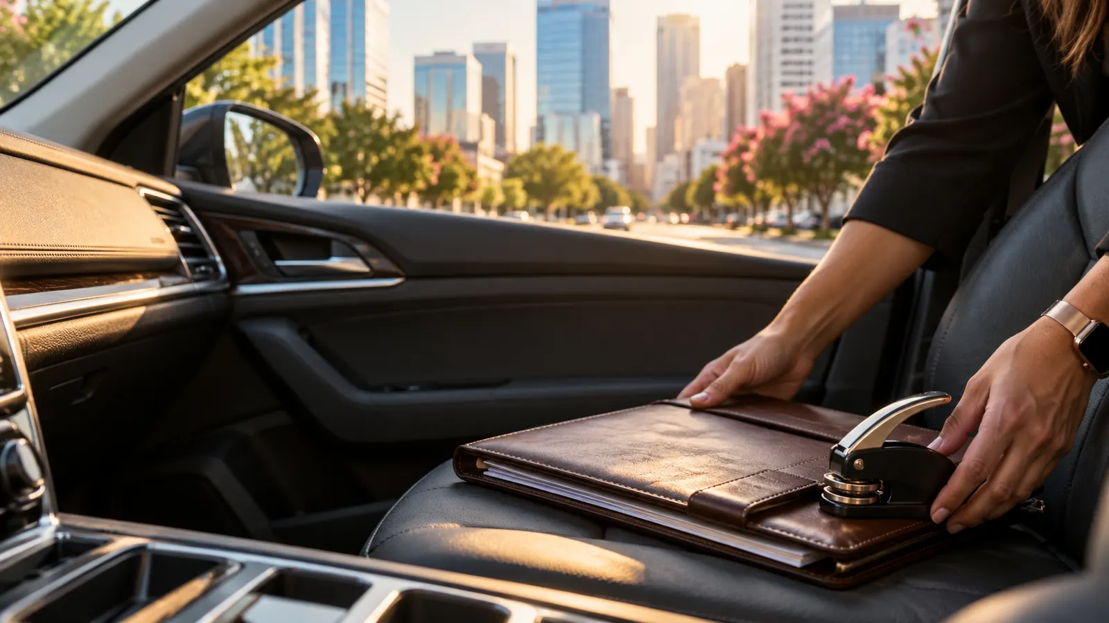 Notary's document folio and embosser on a car seat, with a Dallas street blurred through the windshield