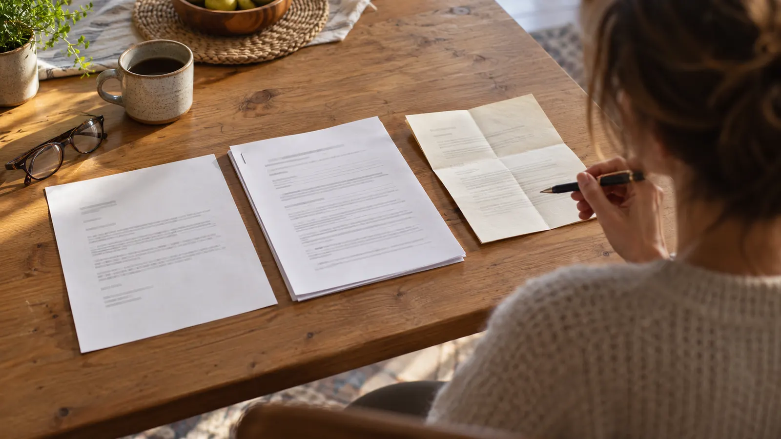 Hand hovering over three different documents on a kitchen table, deciding which can be notarized