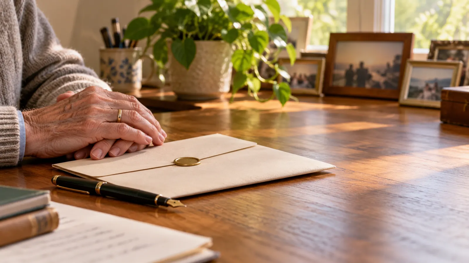 Older hands resting on a will envelope at a sunlit writing desk