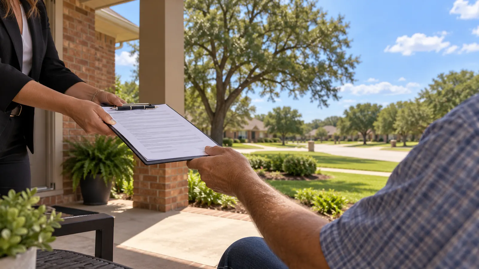 Notary handing a clipboard to a signer on a brick ranch-house porch in Arlington, Texas