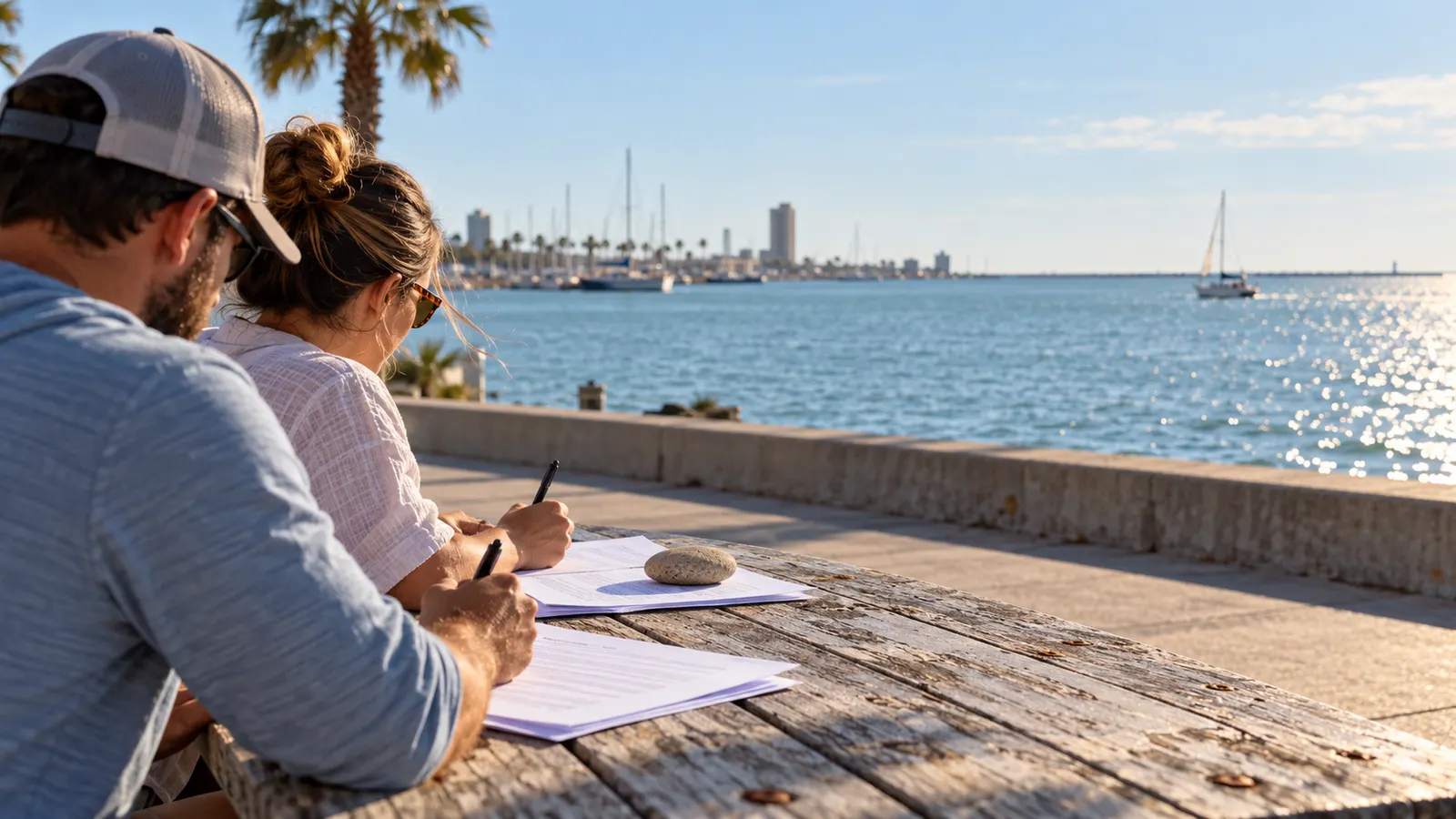 Signing papers at an outdoor table by the Corpus Christi bay front