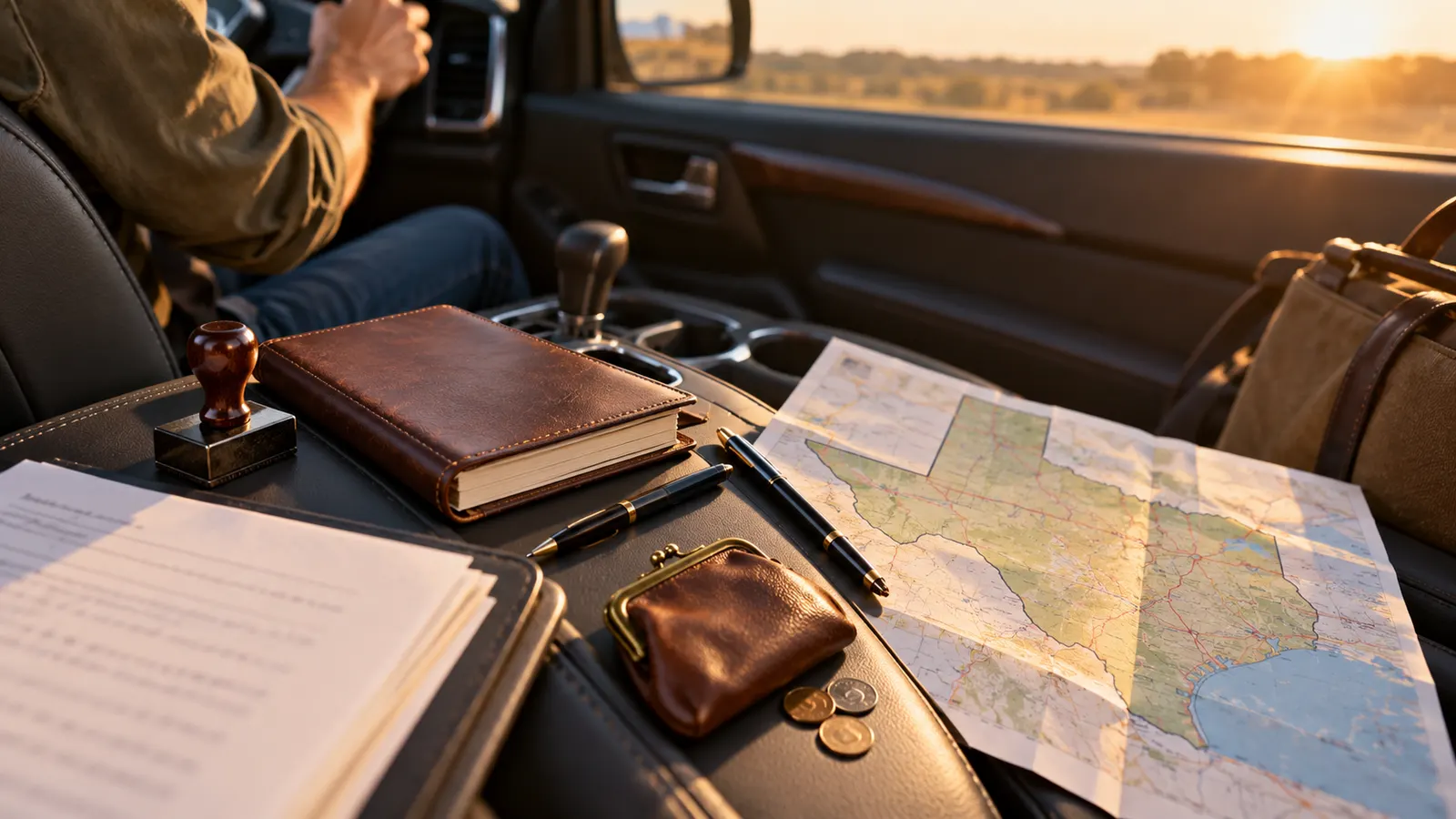 Mobile notary kit with stamp, record book and pens on a car console