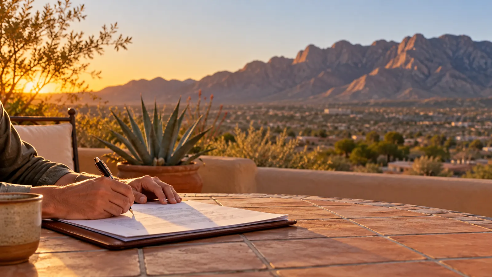 Document signing on a patio with the Franklin Mountains behind, El Paso, Texas