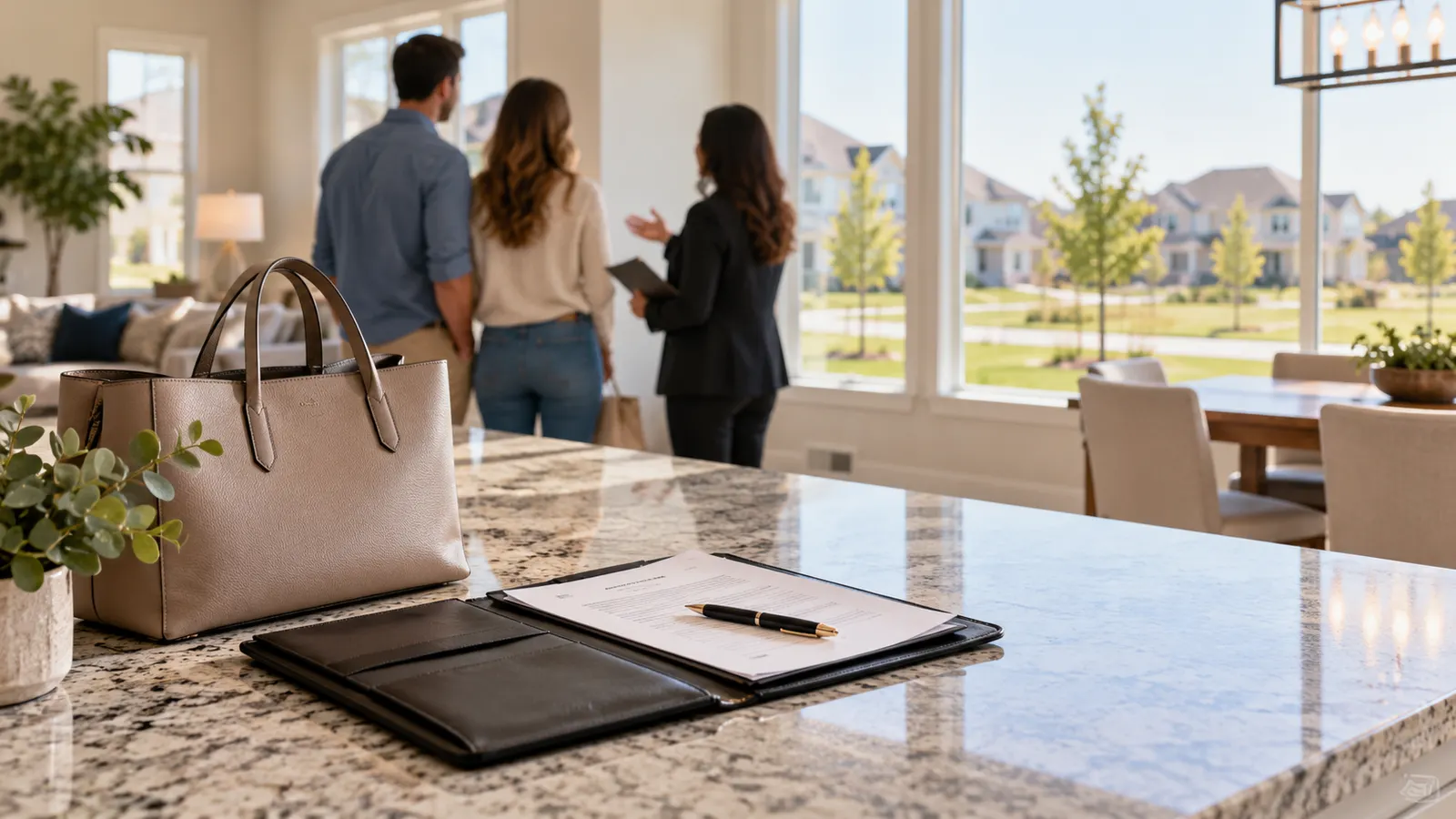 Notary's tote and folder on a kitchen island in a new Frisco, Texas home