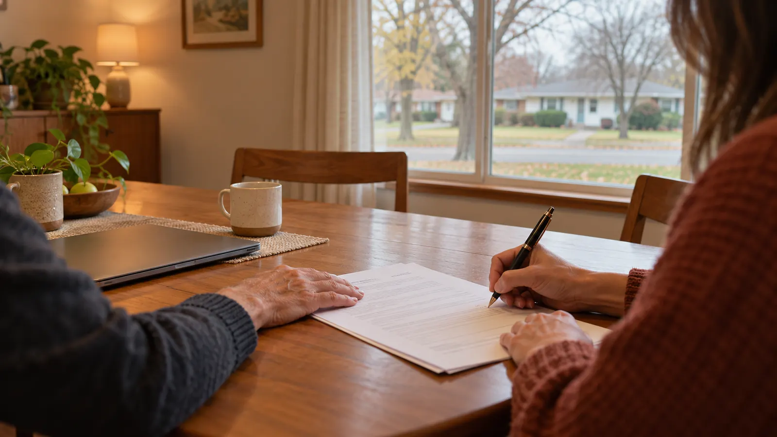 Notary steadying a form while a signer signs at a dining table in a Garland, Texas home