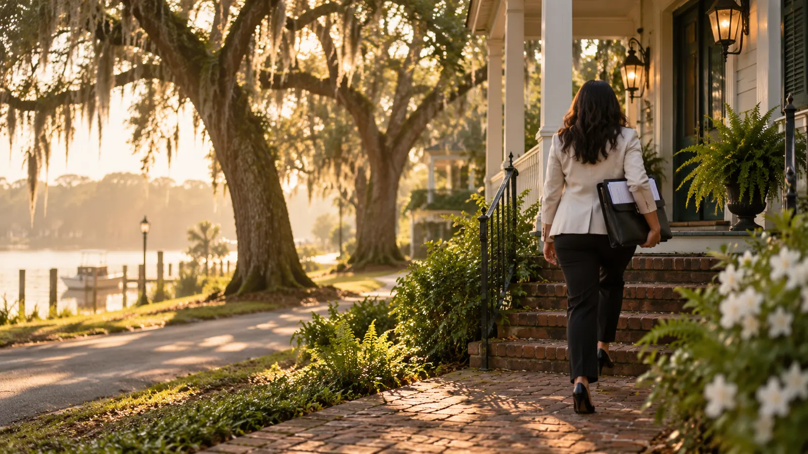 Notary walking up to a house under live oaks on a humid Houston street