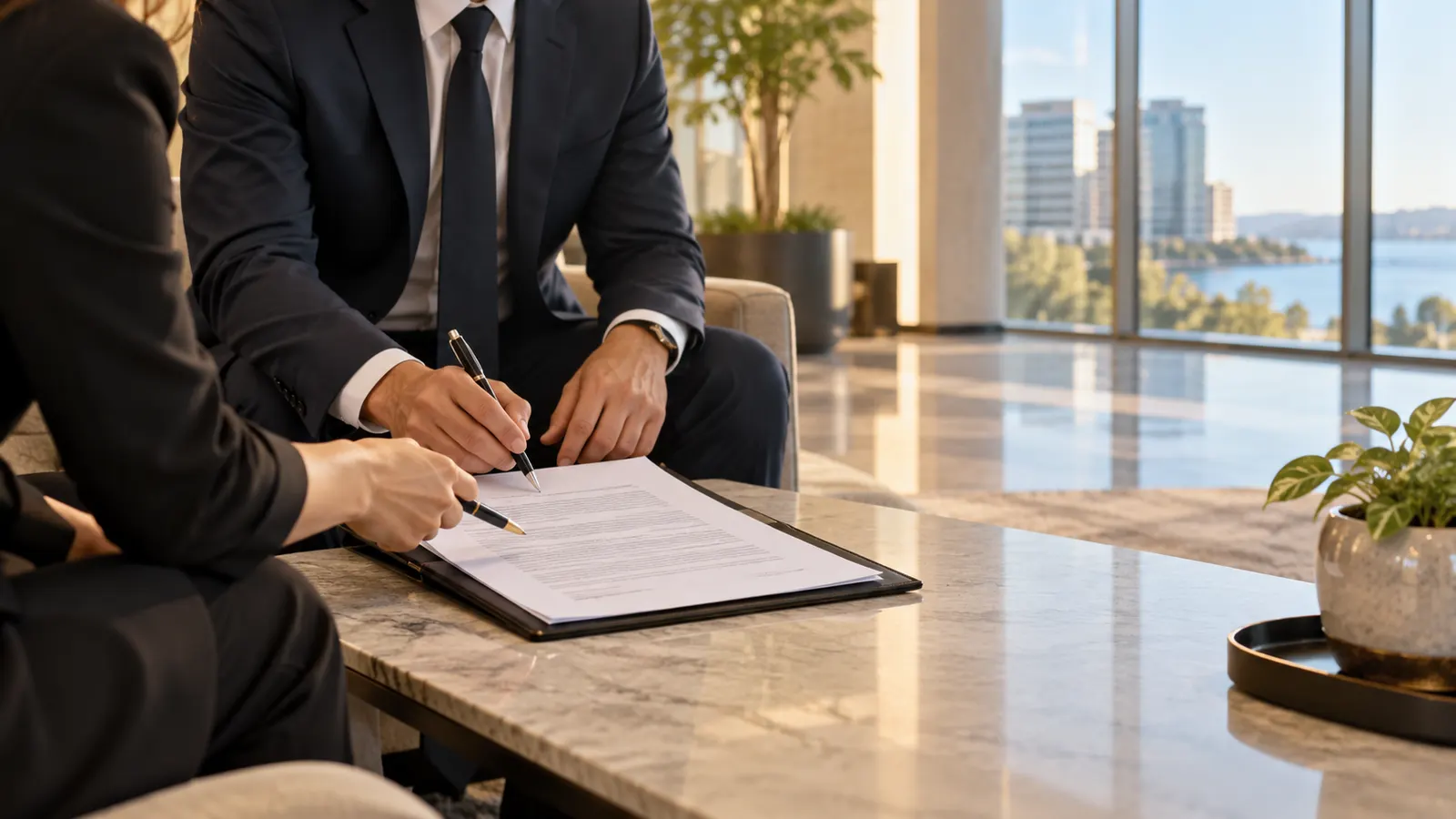 Notary presenting a document in a modern office lobby in Irving, Texas