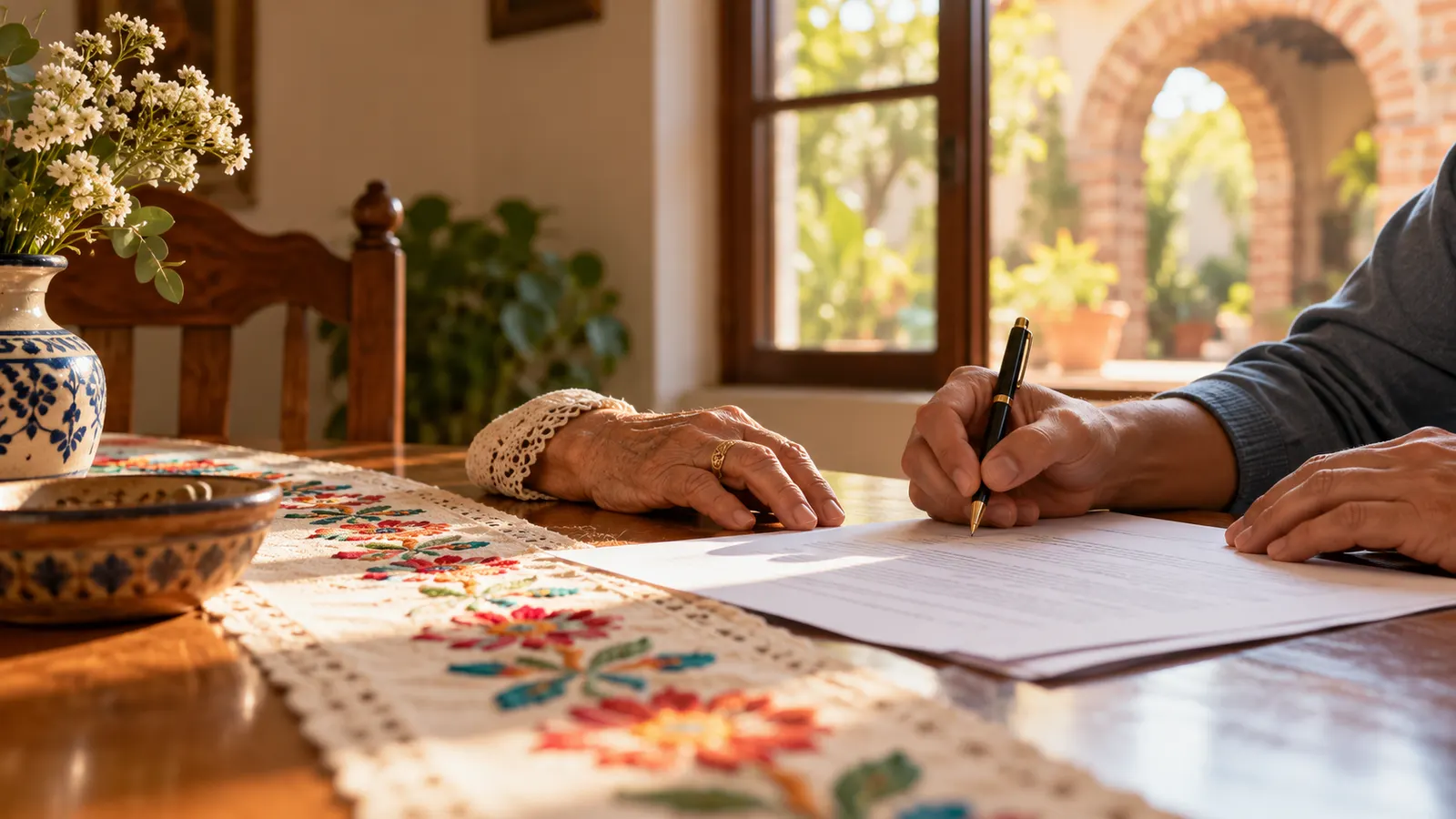 Family hands signing documents at a dining table in a Laredo, Texas home