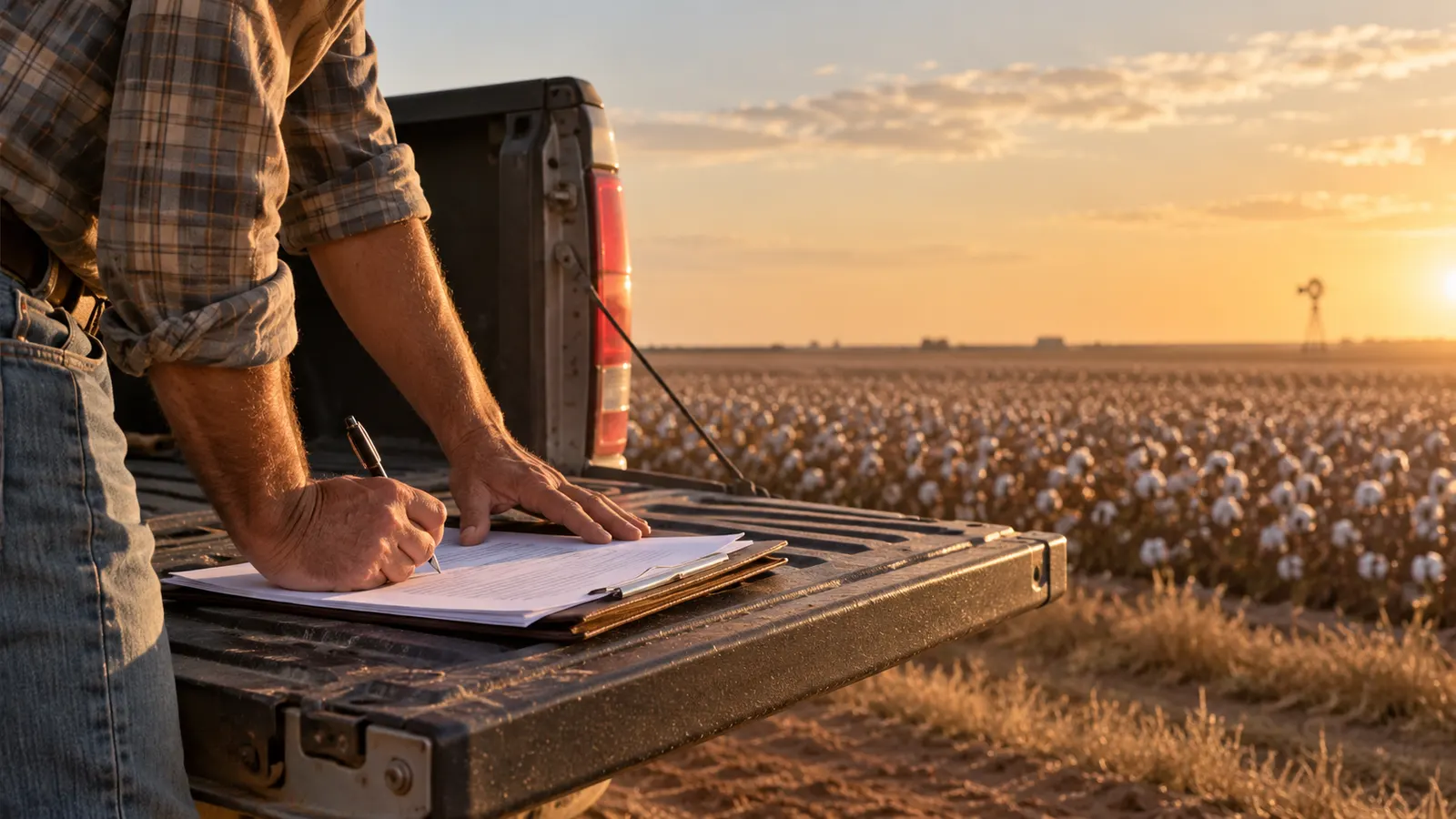 Signing a document on a truck tailgate beside cotton fields near Lubbock, Texas