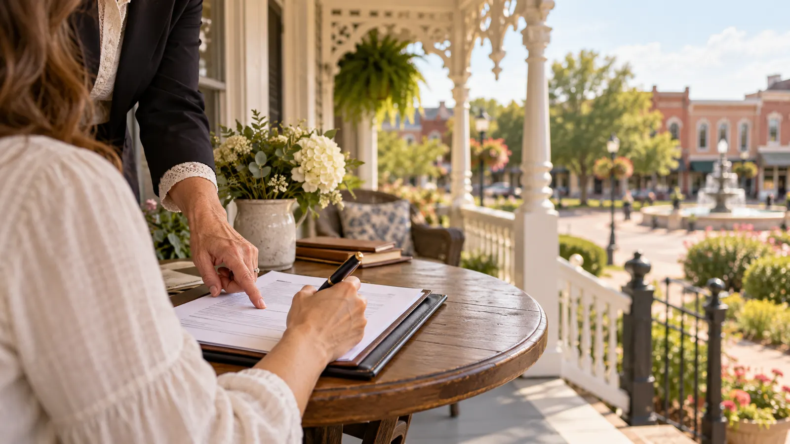 Notary pointing to a signature line on a historic-house porch in McKinney, Texas