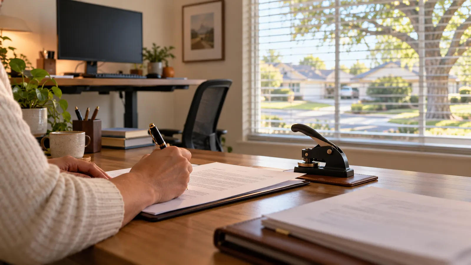 Signer signing a refinance packet in a Plano, Texas home office