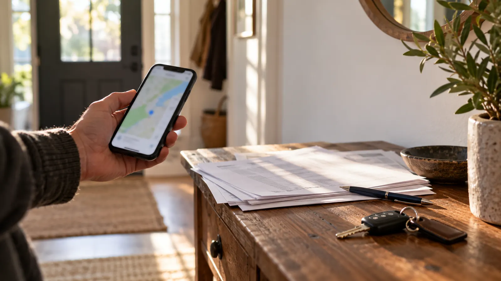 Hand holding a phone with a blurred map over a stack of unsigned papers
