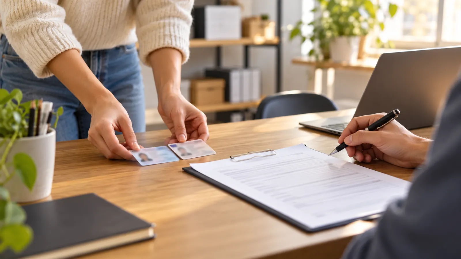 Employee's identity documents beside an employment verification form