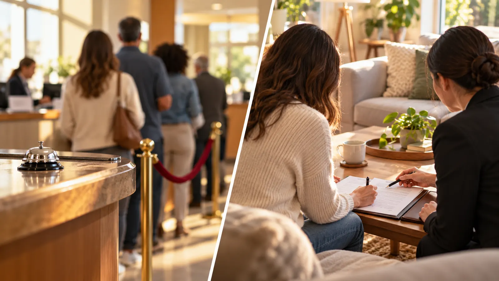 A service counter beside a living room signing, comparing traditional and mobile notary visits