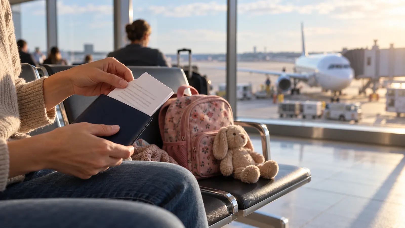 Parent tucking a travel consent letter into a passport cover at an airport