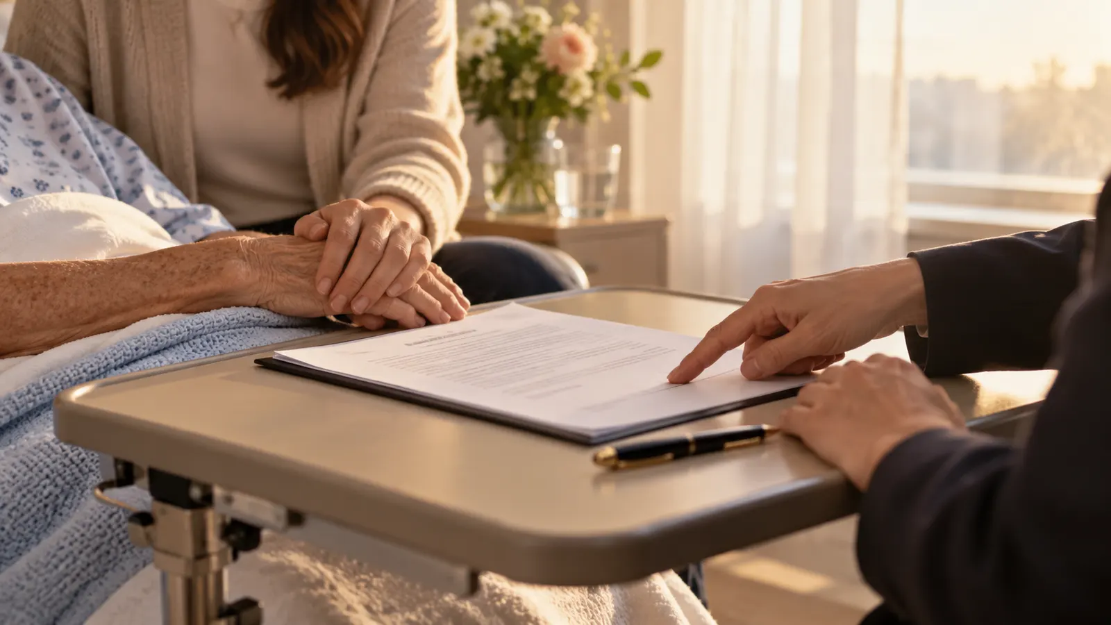 Adult child holding an elderly parent's hand over a power of attorney document