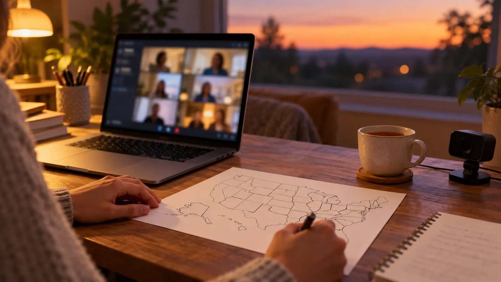 Laptop video call beside an unlabeled U.S. outline map on a desk