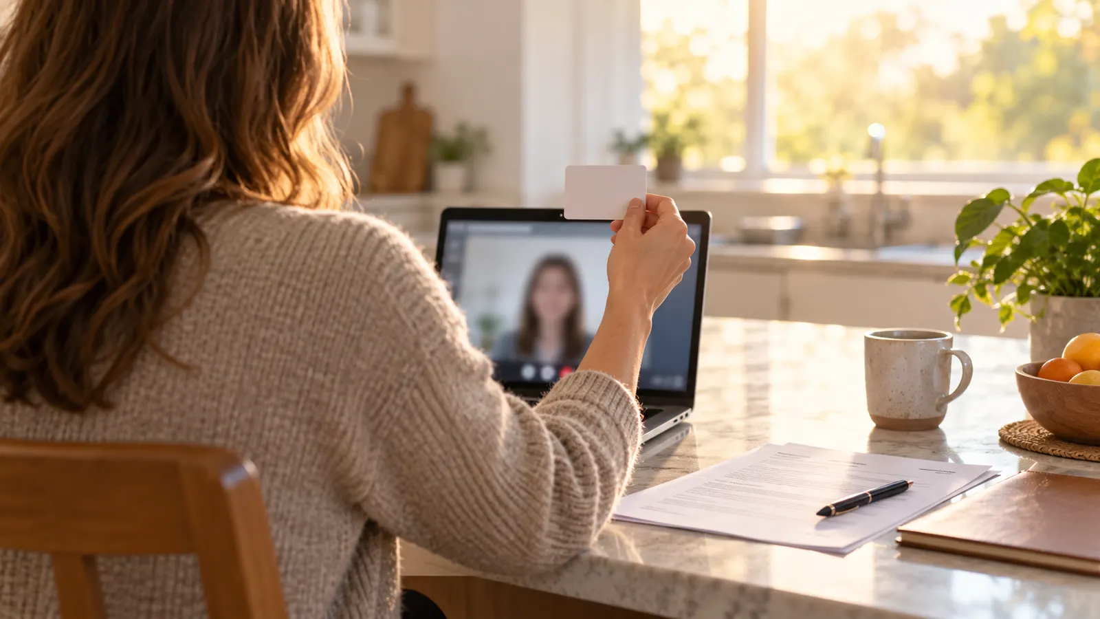 Signer holding an ID card up to a laptop webcam during an online notarization