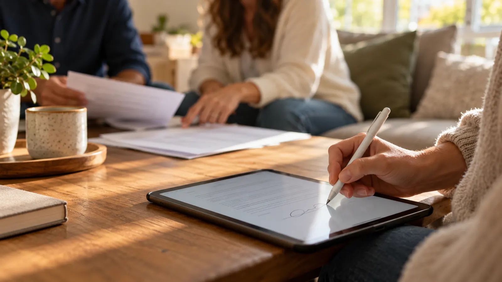 Tablet signature in the foreground, a paper signing in the background