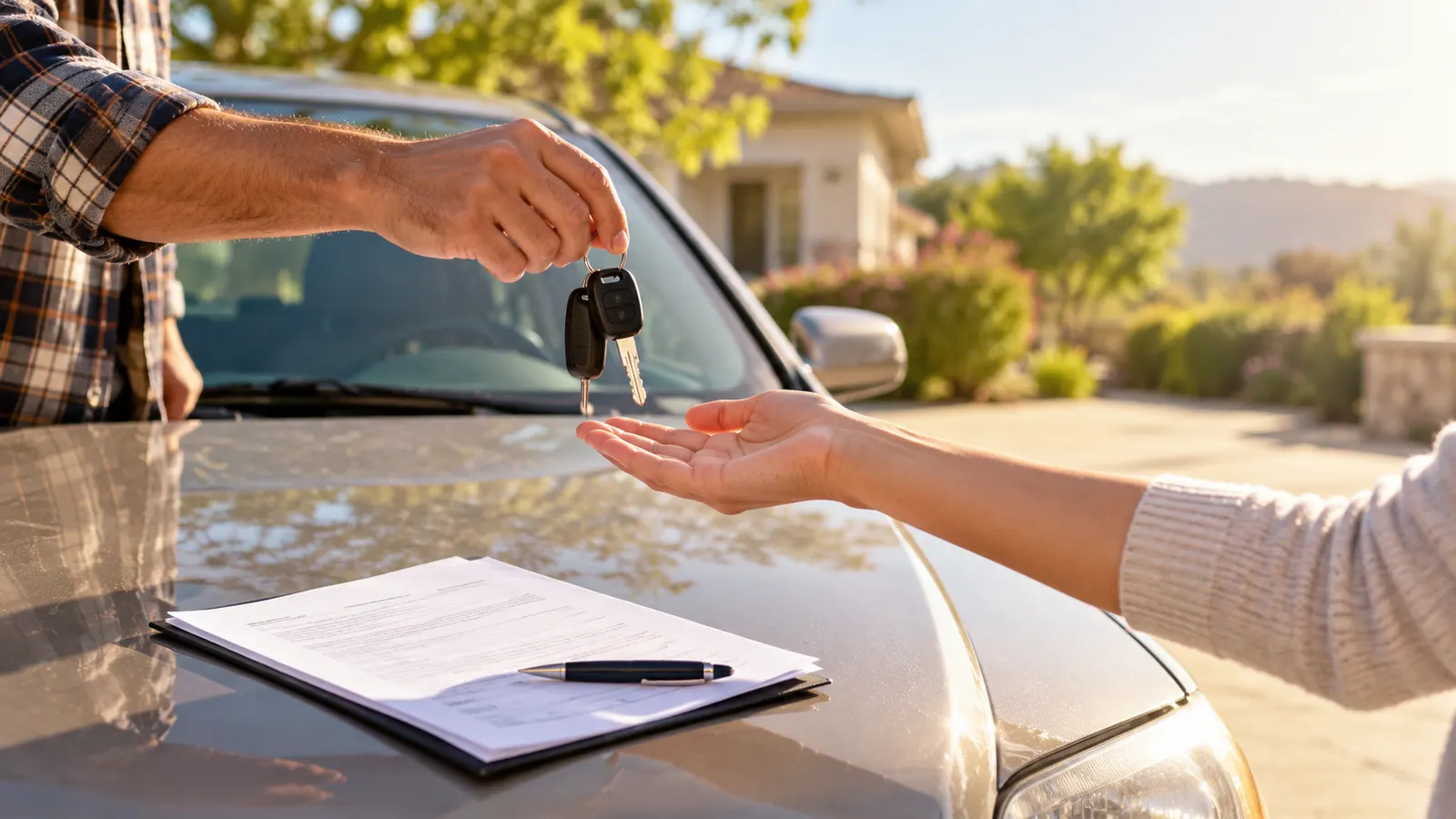 Car keys exchanged over a title document on a sedan hood