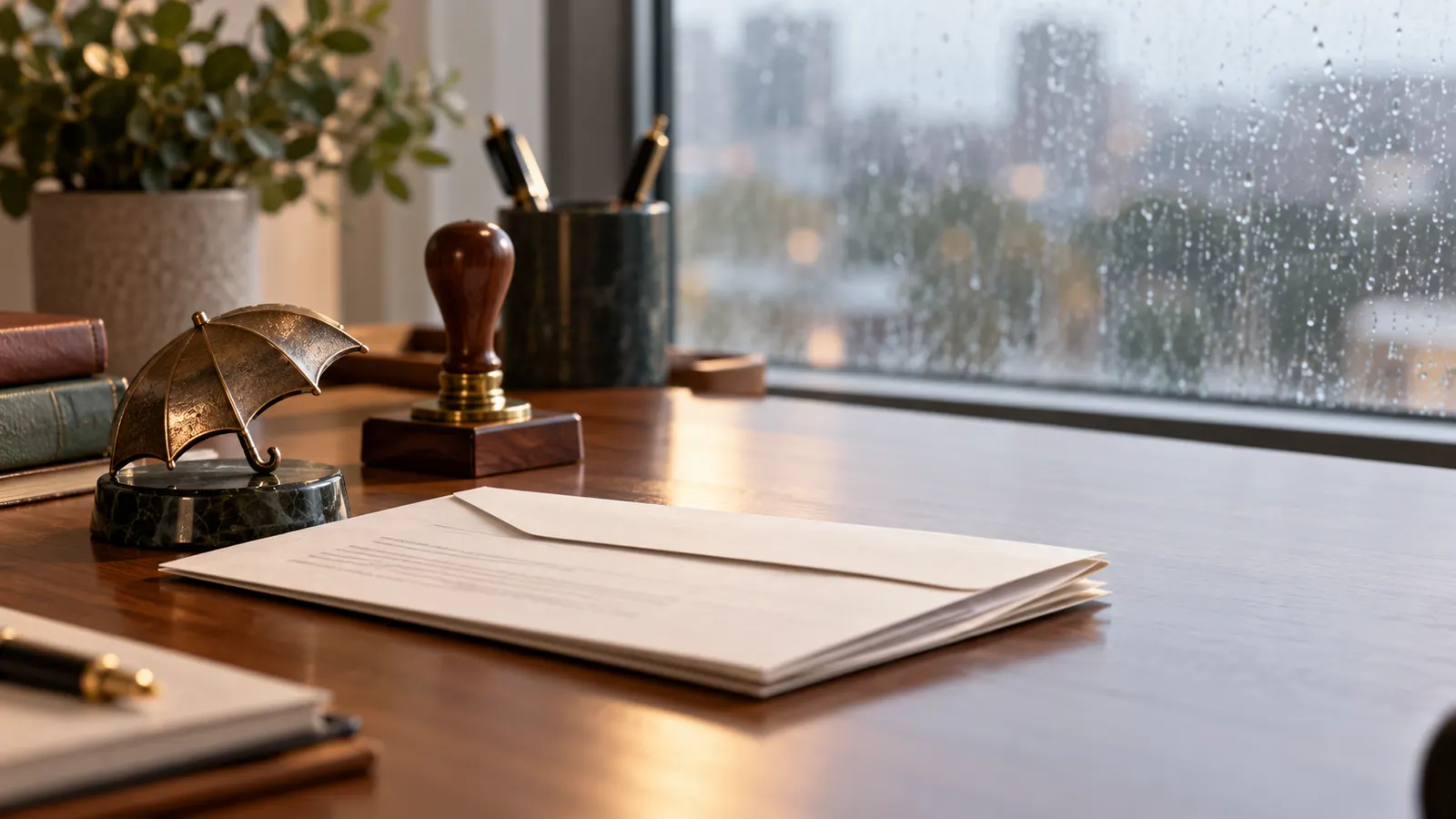 Insurance policy envelope and umbrella paperweight beside a notary stamp