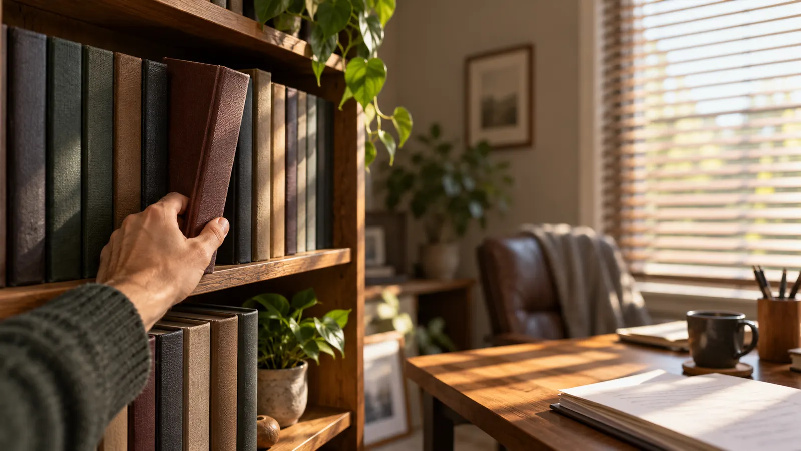 Hand pulling a plain bound record book from a shelf
