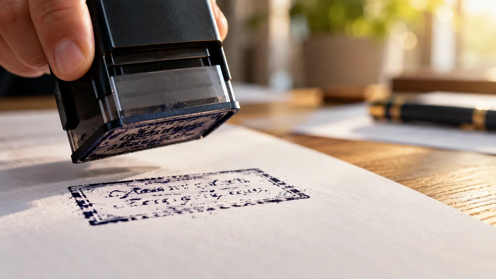 Macro of a notary stamp lifting off paper, leaving an illegible ink impression