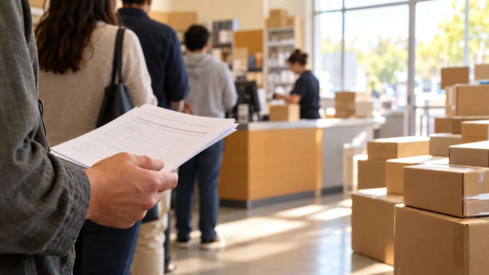 Hand holding unsigned documents in front of a generic shipping-store counter