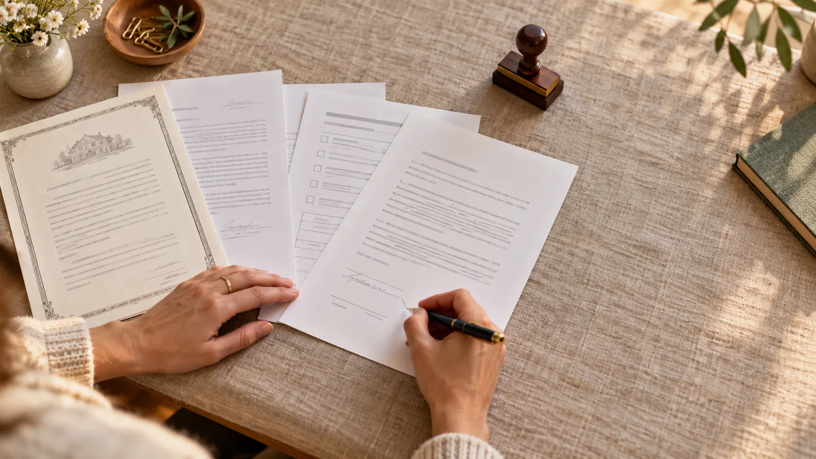 Fan of different document types with a pen and stamp, seen from overhead