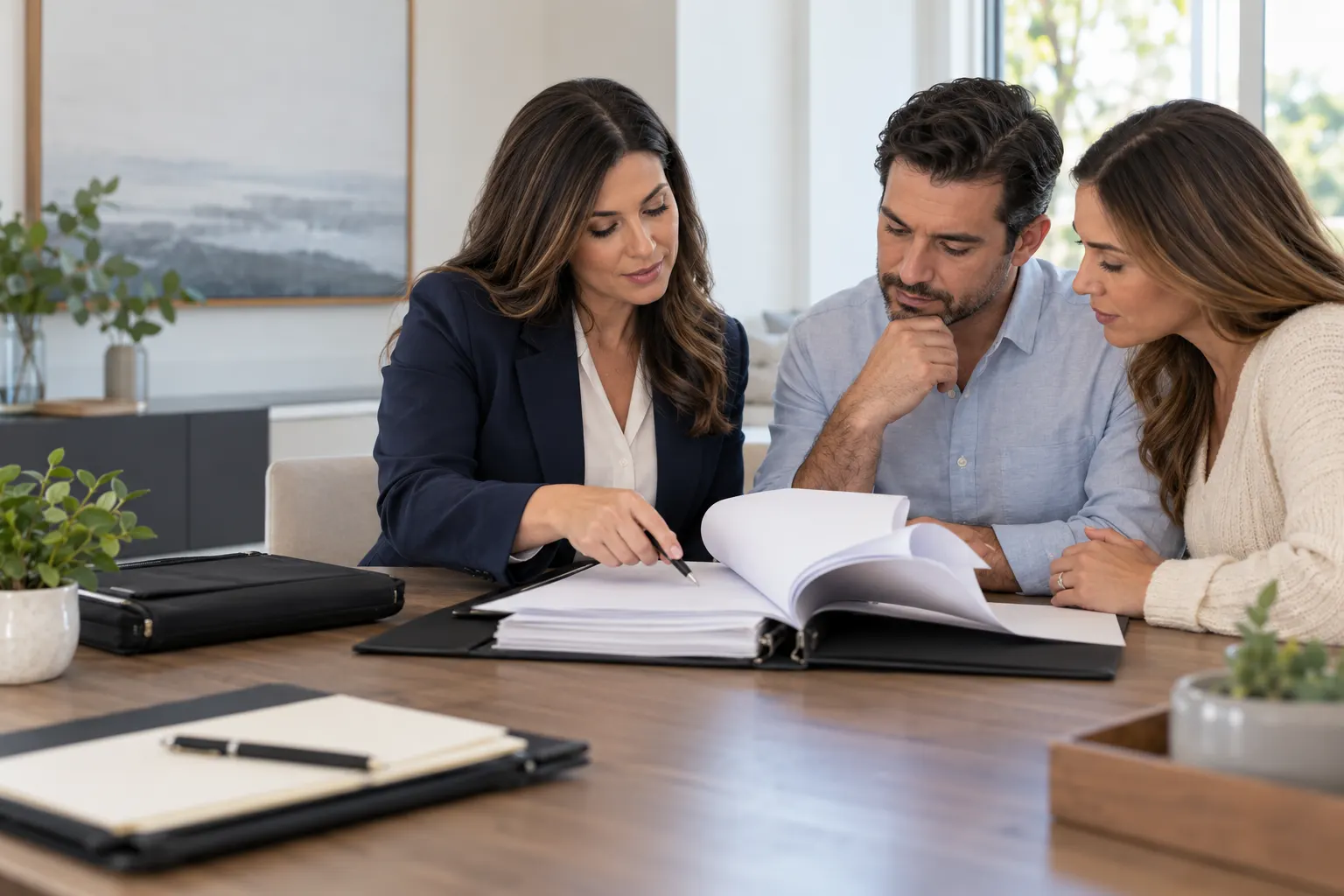 Mobile notary reviewing documents with a client at a home table