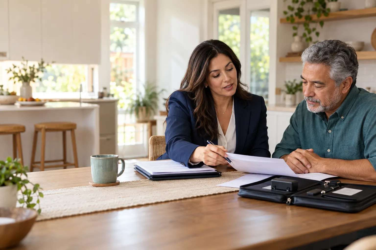 Mobile notary reviewing documents with a client at a home table