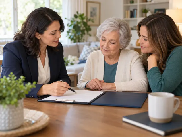 A notary reviewing personal documents with a client and family member