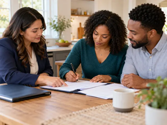 A notary helping a couple review mortgage documents at a kitchen table