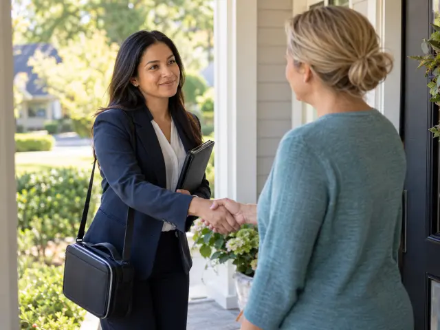 A mobile notary meeting a client at the entrance to a home